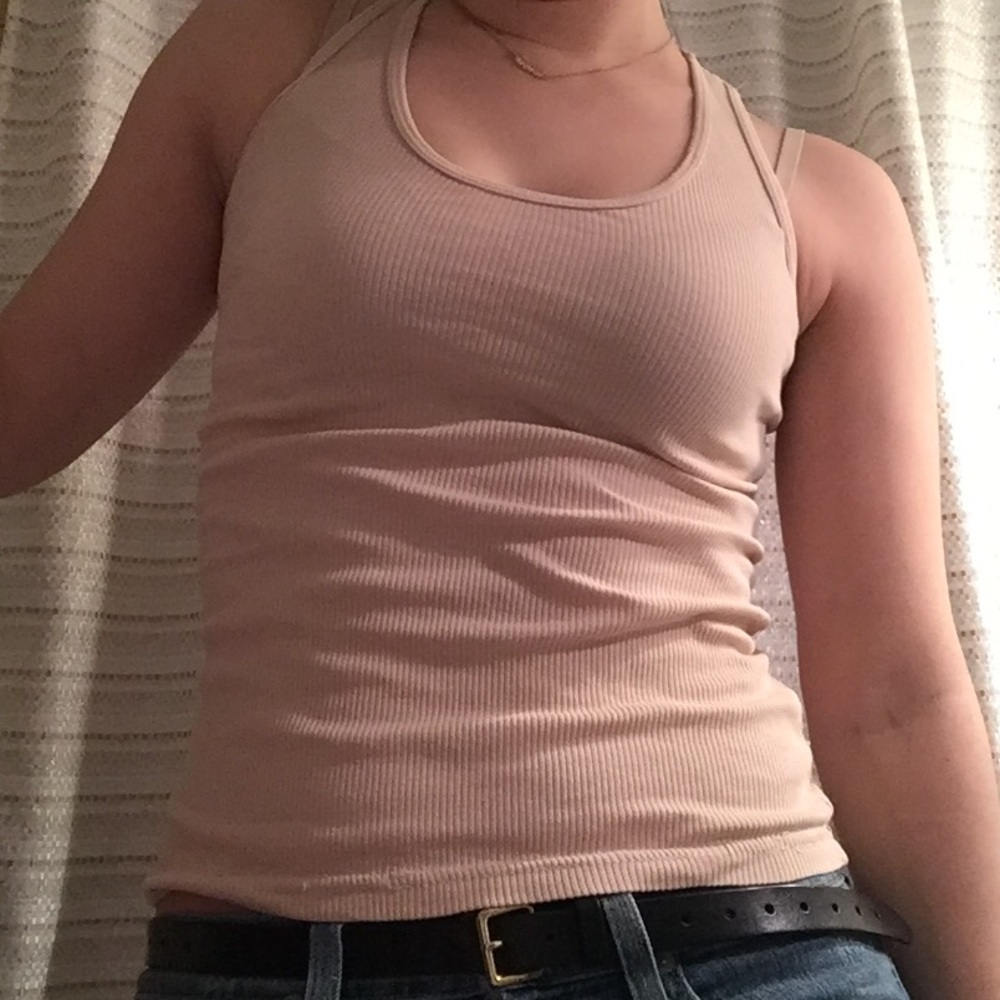 Beige halter tank top w lace backing by Jet